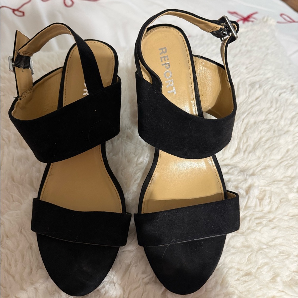 Report Black Suede Two-Band Slingback Heels